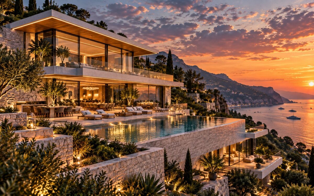 AI-generated landscape view from a shaded stone terrace across a contemporary hillside villa, with layered glass living spaces stepping down the slope toward a long infinity pool and coastal horizon.
