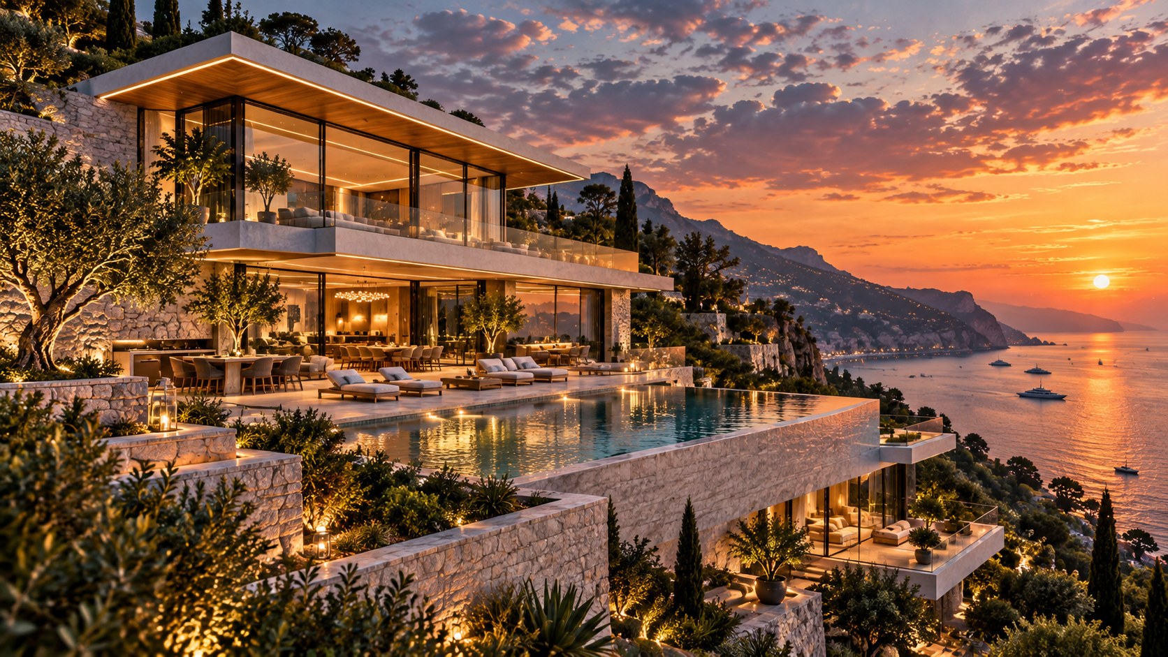 AI-generated landscape view from a shaded stone terrace across a contemporary hillside villa, with layered glass living spaces stepping down the slope toward a long infinity pool and coastal horizon.