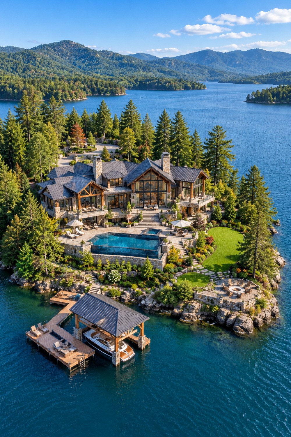 AI-Generated Luxury Mountain Lake Estate with Infinity Pool