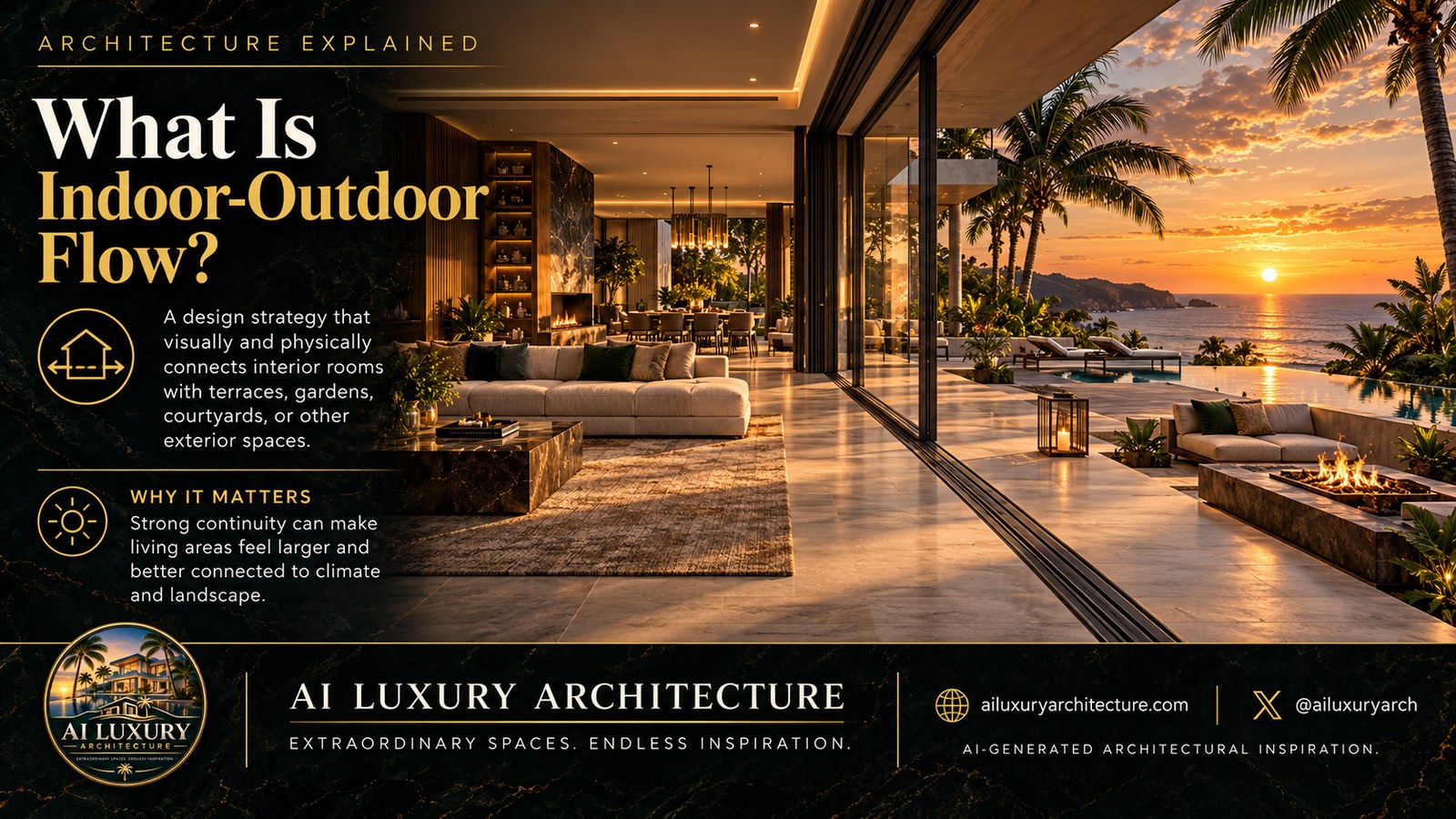 AI-generated educational illustration of a coastal living room opening onto pale stone terraces, a pool, palms, and the ocean at sunset.