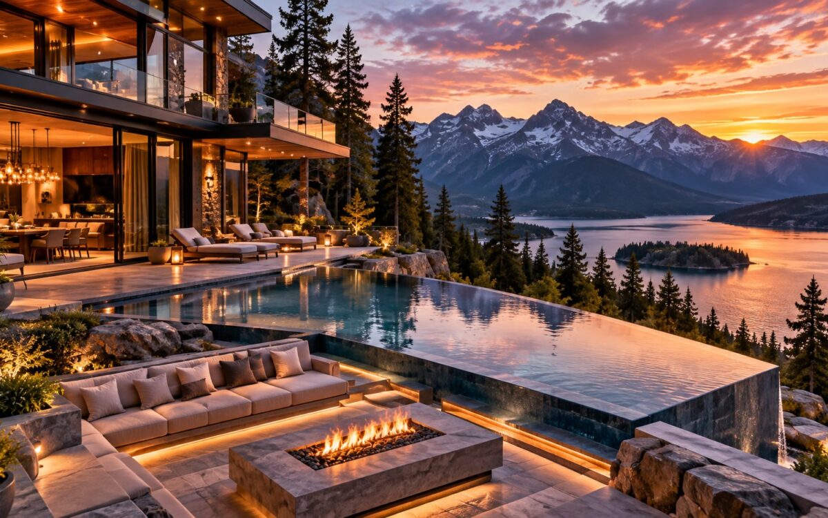 AI-generated landscape view from the lake toward a stone-and-timber mountain estate rising through evergreen trees, with layered terraces, warm interior lighting, a long pool terrace, and a covered boathouse in the foreground.