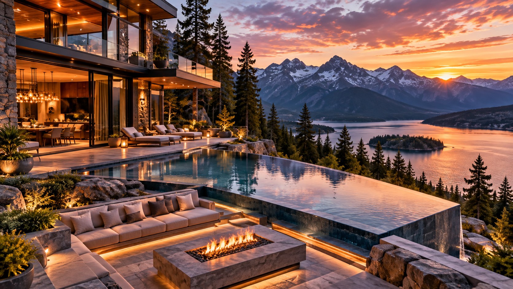 AI-generated landscape view from the lake toward a stone-and-timber mountain estate rising through evergreen trees, with layered terraces, warm interior lighting, a long pool terrace, and a covered boathouse in the foreground.