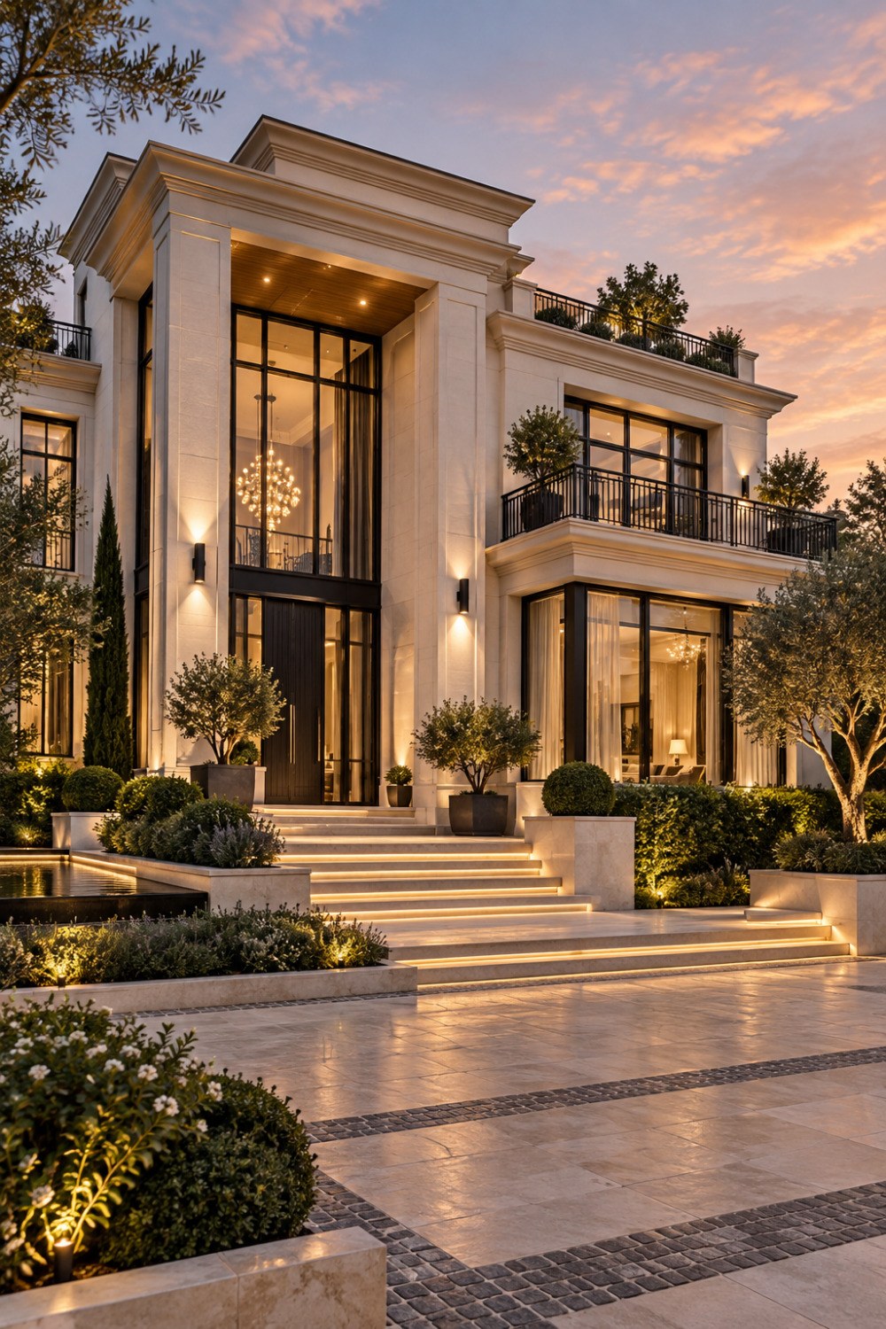 AI-generated modern classical mansion at dusk with pale stone cladding, tall black-framed windows, balconies, illuminated steps, and formal landscaping.