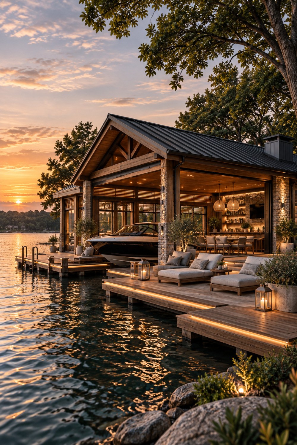 AI-generated lakeside pavilion at sunset with timber framing, stone columns, integrated boat slip, tiered docks, lounge seating, and warm lighting.