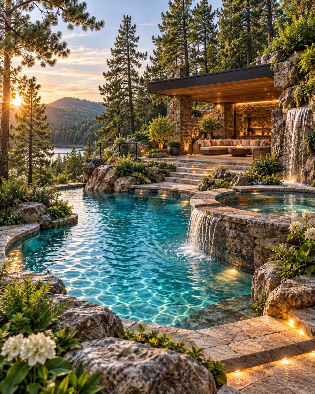 AI-generated mountain retreat with a naturalistic pool, stone waterfalls, planted terraces, and a sheltered timber lounge in a pine forest.