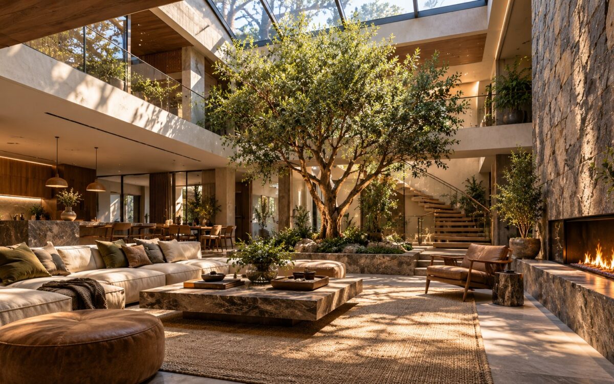 Contemporary residential atrium with offset roof light, indoor olive tree, stone walls, timber gallery, and layered lounge seating.