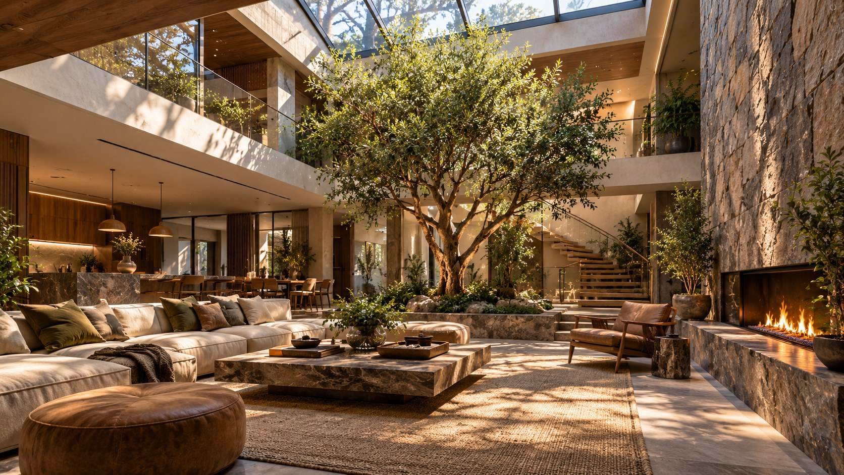 Contemporary residential atrium with offset roof light, indoor olive tree, stone walls, timber gallery, and layered lounge seating.