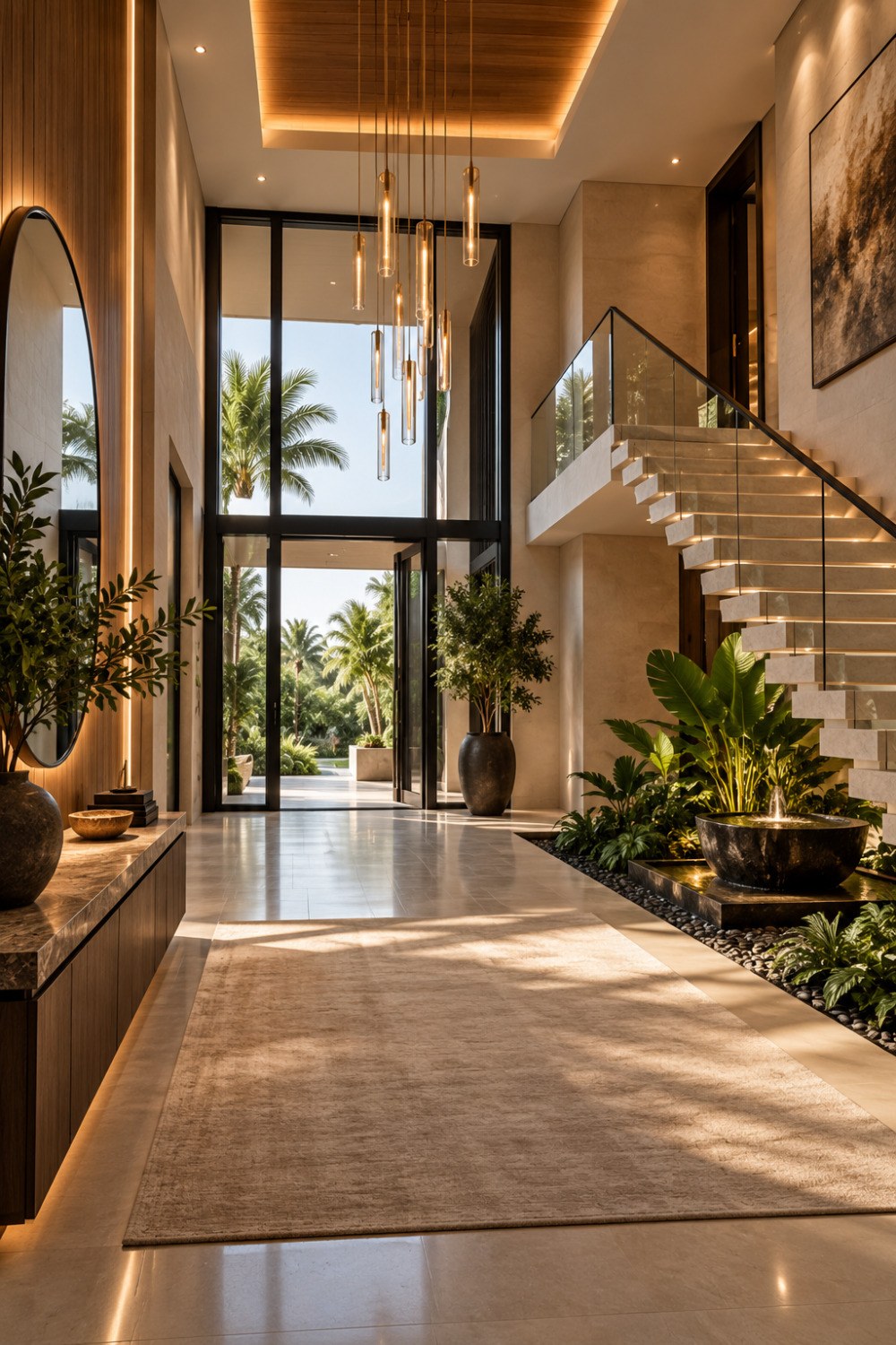AI-Generated Tropical Foyer with Floating Staircase and Indoor Garden
