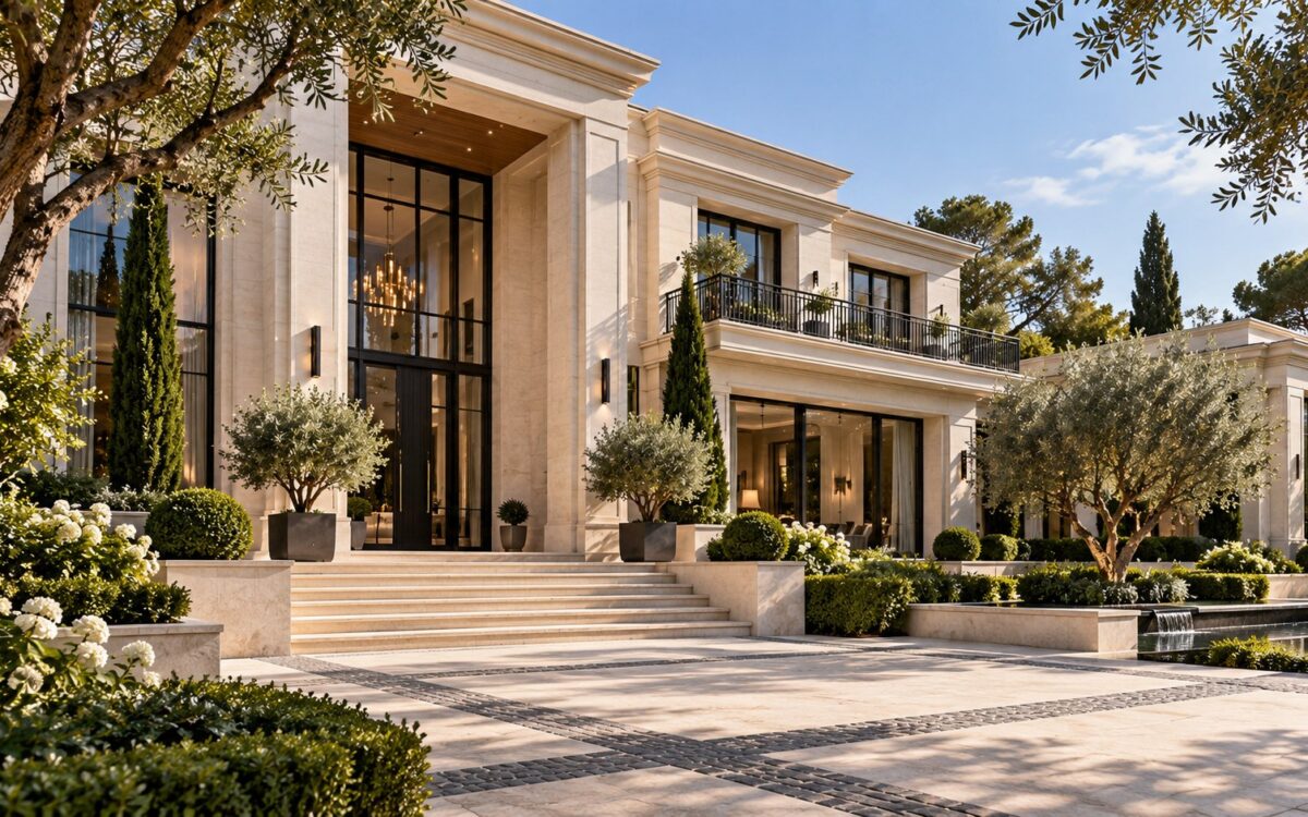 Oblique daytime view of a modern classical mansion arrival court with pale stone, tall glazing, formal gardens, and a shaded entrance.