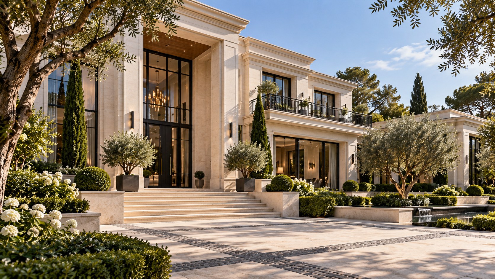 Oblique daytime view of a modern classical mansion arrival court with pale stone, tall glazing, formal gardens, and a shaded entrance.
