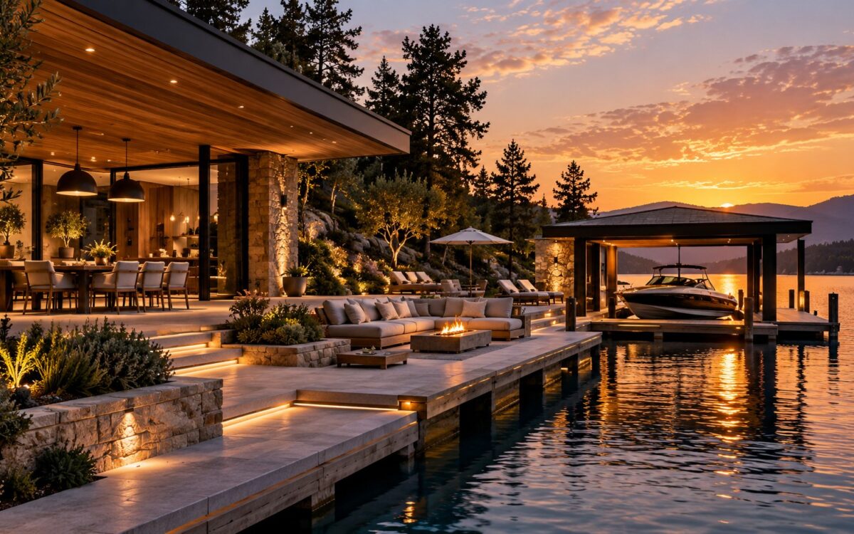 Wide lakeside pavilion and dock composition showing sheltered dining, integrated boat access, shoreline planting, and layered waterfront circulation at blue hour.