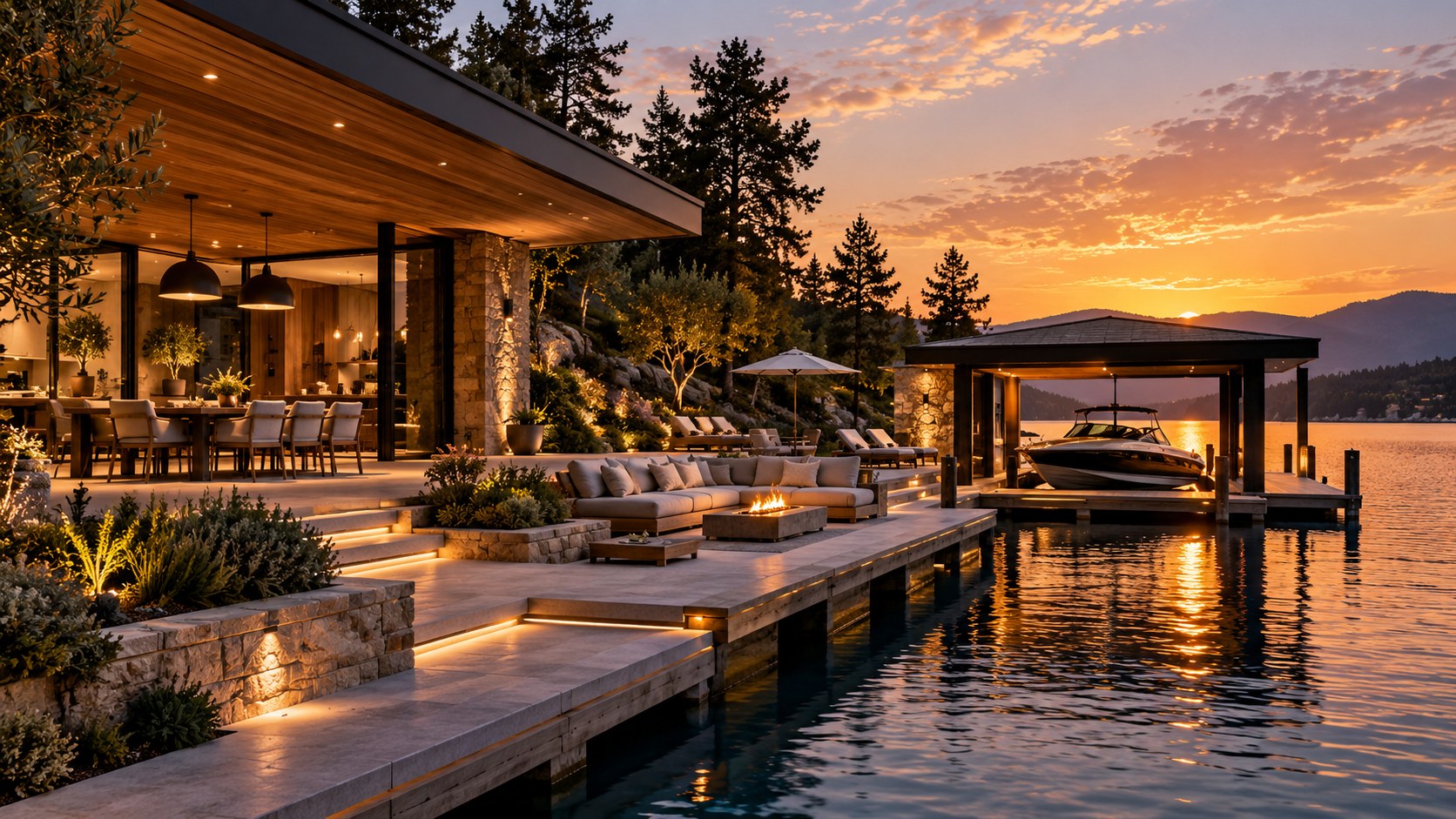 Wide lakeside pavilion and dock composition showing sheltered dining, integrated boat access, shoreline planting, and layered waterfront circulation at blue hour.