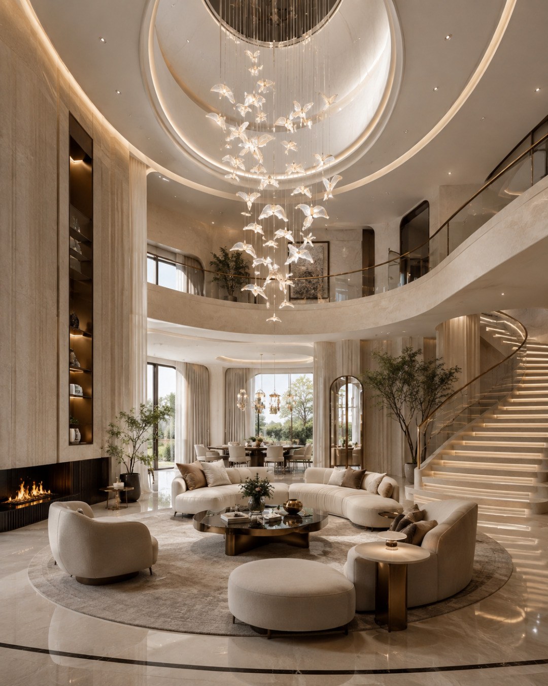 AI-generated luxury atrium lounge in a double-height cream-stone interior with sweeping curved balconies, a glowing spiral staircase, a circular ceiling feature, cascading translucent sculptural lights, curved ivory seating, a dark round coffee table, a linear fireplace, indoor trees, and a dining area beyond.