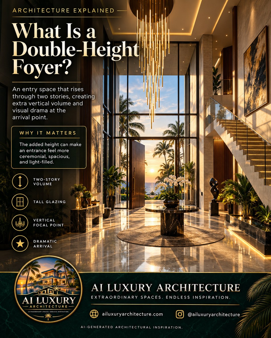 AI-generated double-height foyer with tall sunset glazing, suspended bronze lighting, a pale staircase, reflective stone floor, and palms beyond.
