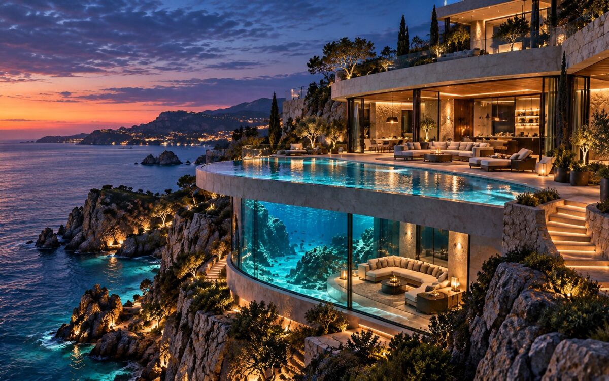 Conceptual coastal villa stepped into a rocky cliff with layered terraces, sheltered living spaces, and a pool aligned toward the sea.