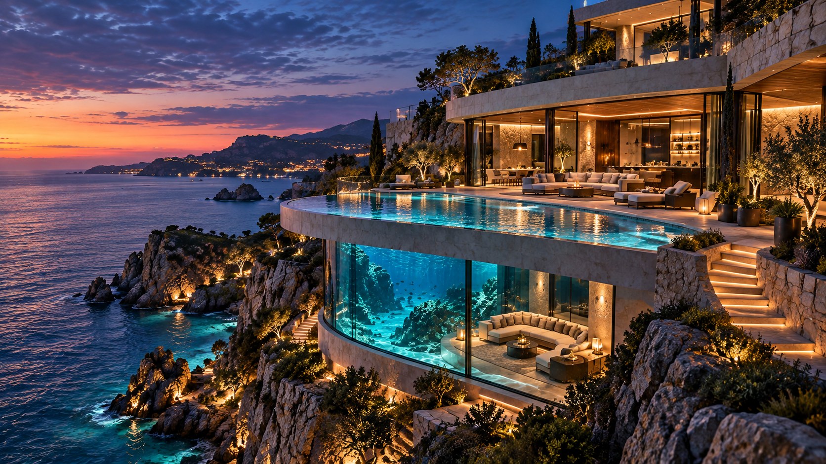 Conceptual coastal villa stepped into a rocky cliff with layered terraces, sheltered living spaces, and a pool aligned toward the sea.