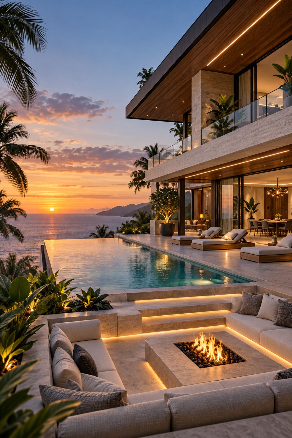 AI-generated tropical luxury villa at sunset overlooking the ocean. The modern residence features large glass walls, pale stone surfaces, warm wood ceiling details, deep roof overhangs, and tropical landscaping. An infinity pool extends toward the sunset horizon beside cushioned loungers, while a lower sunken seating area surrounds a rectangular fire pit with integrated warm lighting. Palm trees, illuminated steps, and distant coastal hills complete the resort-style outdoor setting.