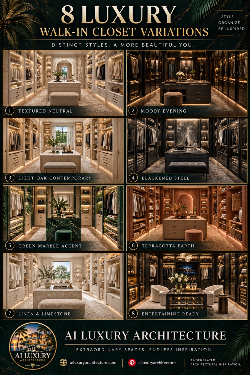 Eight walk-in closet concepts showing pale oak, dark cabinetry, green stone, terracotta, and contrasting central islands.