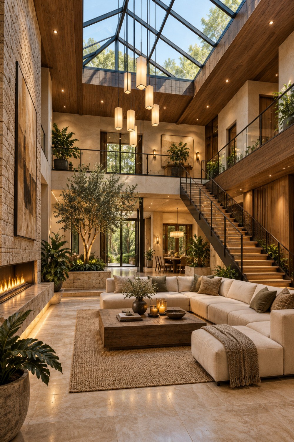 AI-generated double-height luxury atrium with geometric skylight, indoor tree, stone fireplace, timber ceilings, illuminated stair, and cream sectional seating.