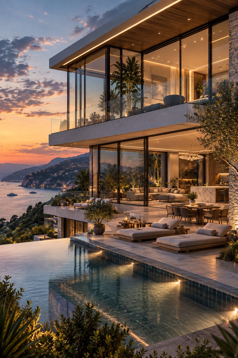 AI-generated contemporary hillside villa at sunset with floor-to-ceiling glass walls, stacked terraces, warm timber soffits, pale stone finishes, outdoor dining and lounge areas, landscaped planting, and an infinity pool overlooking a coastal bay and distant mountains.