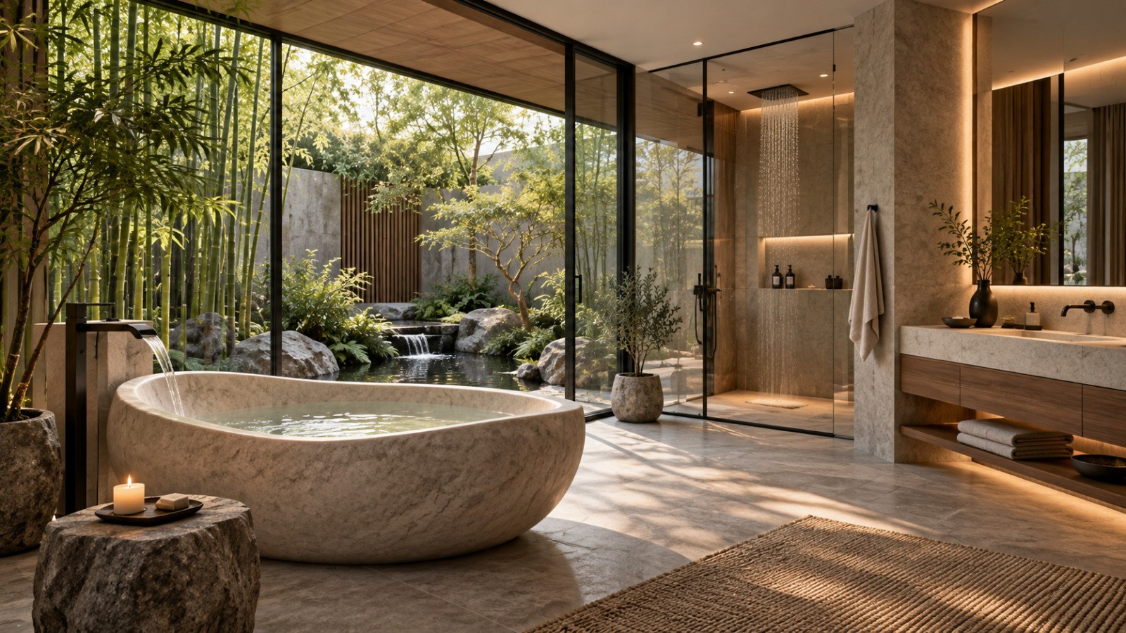 AI-generated luxury spa bathroom with a large sculptural stone soaking tub, floor-to-ceiling dark-framed glass, a rainfall shower, warm wood cabinetry, soft architectural lighting, and a planted garden with bamboo, rocks, trees, and a small water feature.