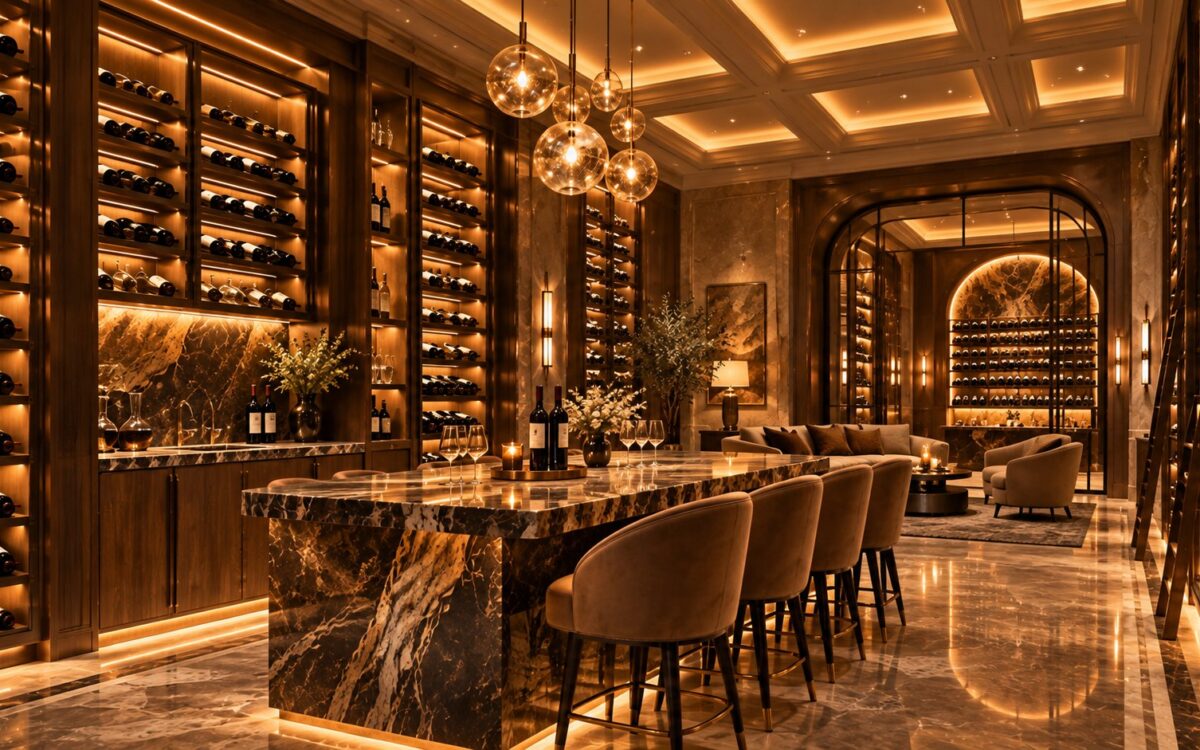 Landscape luxury wine cellar with layered timber racks, stone walls, a restrained tasting area, and warm concealed lighting.