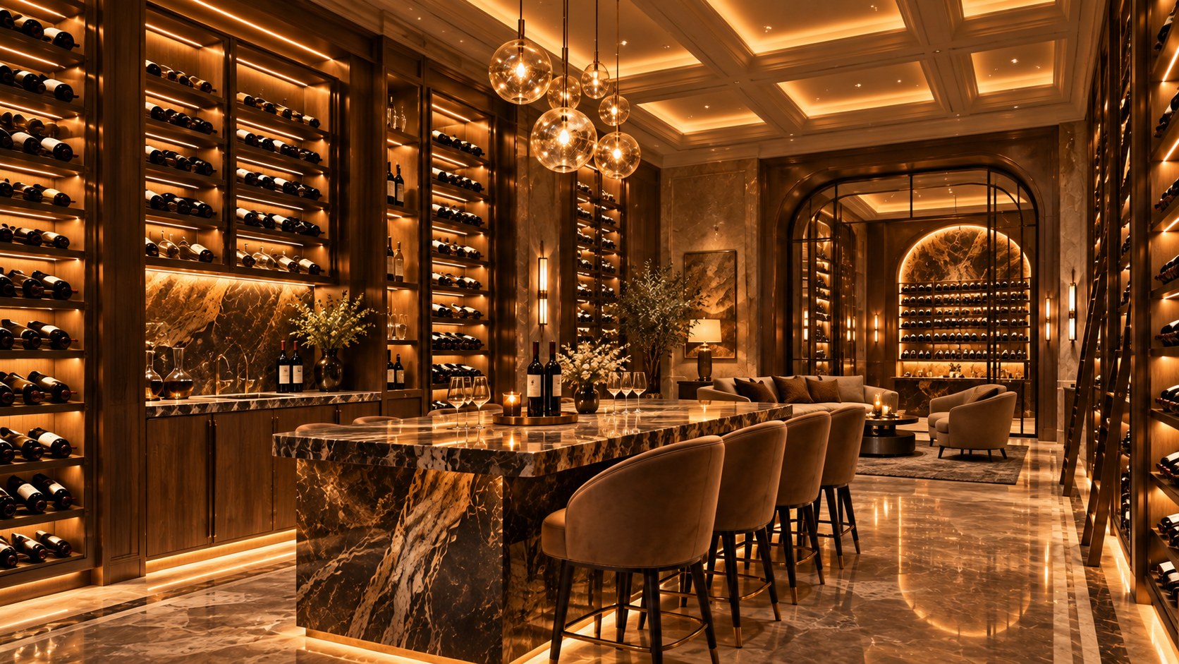 Landscape luxury wine cellar with layered timber racks, stone walls, a restrained tasting area, and warm concealed lighting.