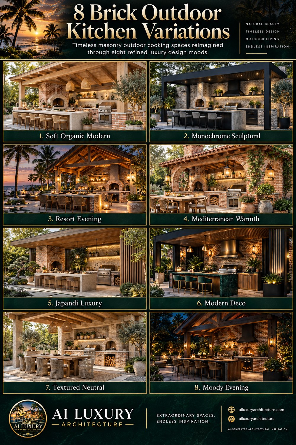 AI-generated Pinterest infographic titled “8 Brick Outdoor Kitchen Variations,” showing eight luxury masonry outdoor kitchens in a two-column grid. Styles include Soft Organic Modern, Monochrome Sculptural, Resort Evening, Mediterranean Warmth, Japandi Luxury, Modern Deco, Textured Neutral, and Moody Evening, with brick, timber, stone, grills, seating, and varied lighting.