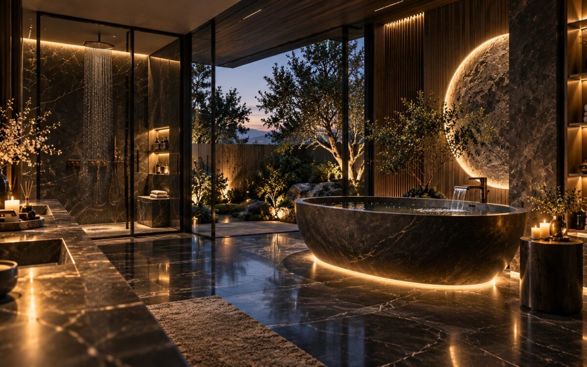 AI-generated landscape editorial view of a dark luxury bathroom with a sculptural tub, restrained circular illuminated stone feature, warm indirect lighting, glass shower, timber accents, and a planted courtyard beyond.