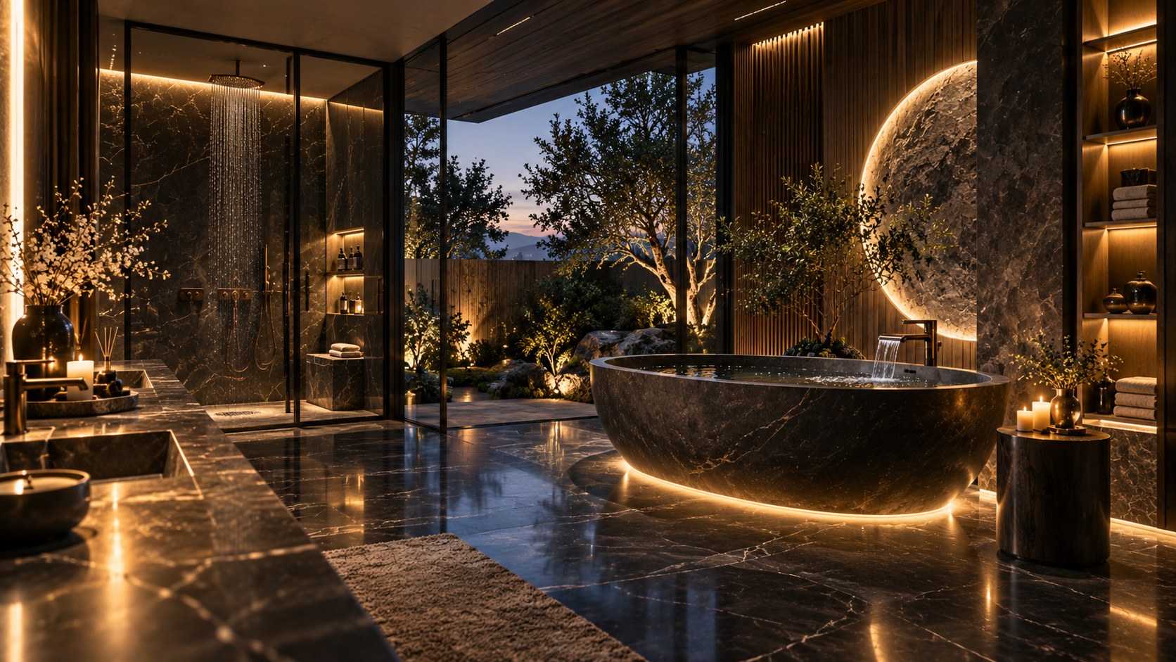 AI-generated landscape editorial view of a dark luxury bathroom with a sculptural tub, restrained circular illuminated stone feature, warm indirect lighting, glass shower, timber accents, and a planted courtyard beyond.