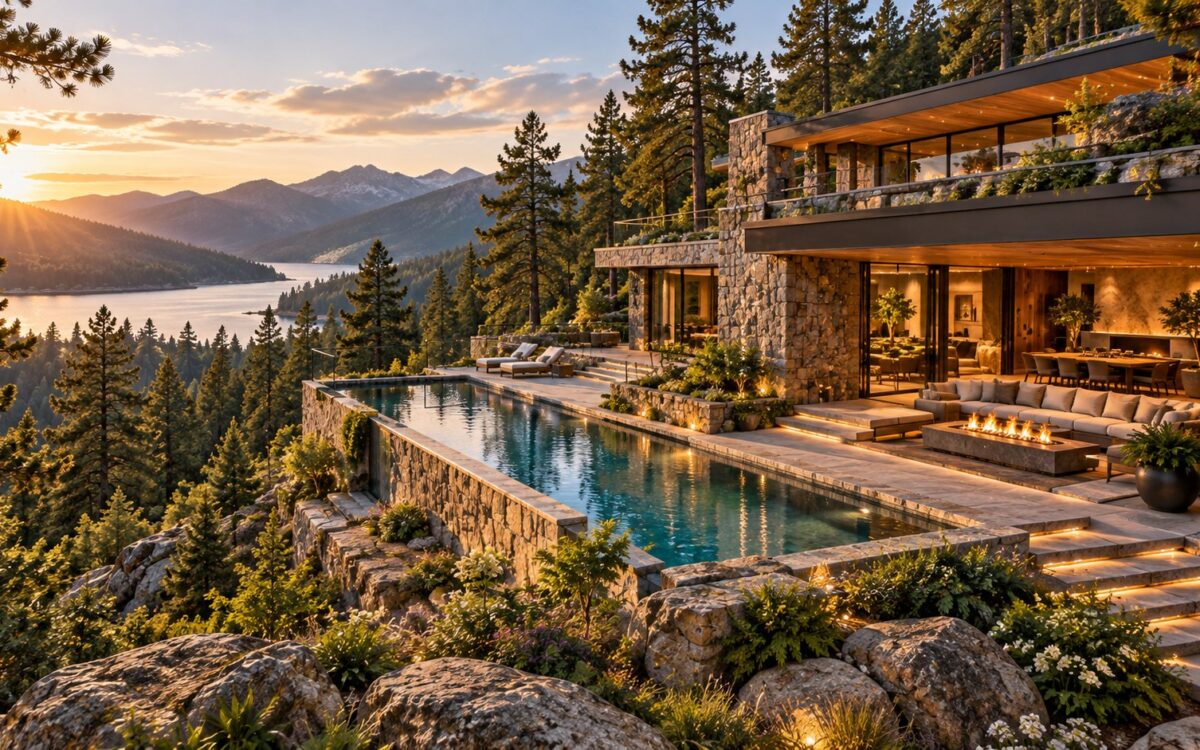 Terraced mountain retreat with a sheltered stone pavilion, linear pool, timber roof, and pine forest under cool morning light.