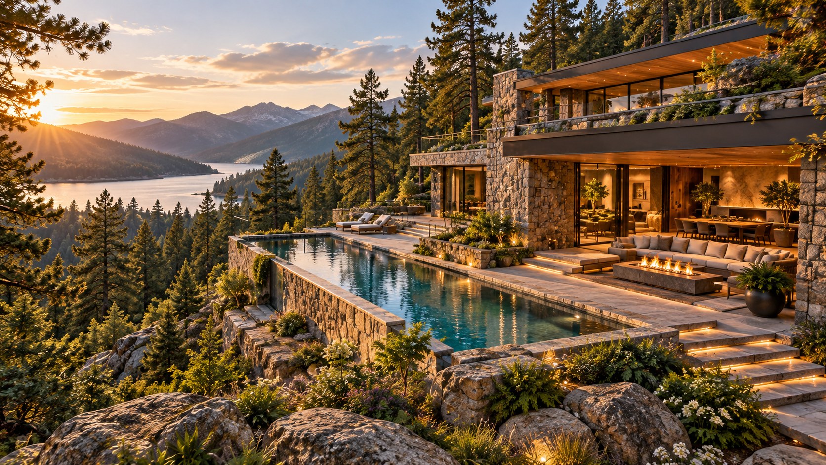 Terraced mountain retreat with a sheltered stone pavilion, linear pool, timber roof, and pine forest under cool morning light.