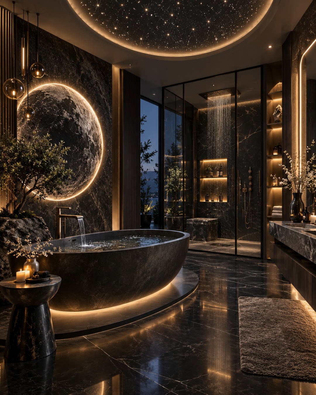AI-generated luxury bathroom with glossy black marble walls and floor, a dark sculptural freestanding soaking tub with warm underlighting, a large illuminated moon-inspired circular wall feature, star-like ceiling lights, amber pendant lights, an indoor tree, a glass-enclosed rainfall shower, illuminated shelving, and a dark marble vanity.