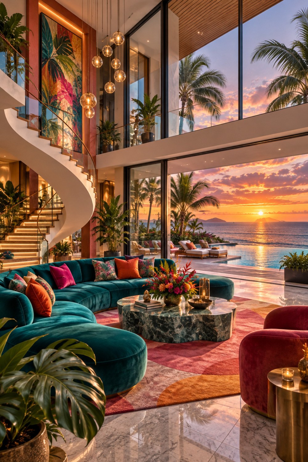 AI-Generated Tropical Great Room with Ocean Sunset Views