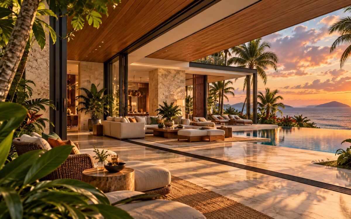 Contemporary tropical living pavilion with shaded terrace, framed ocean view, warm timber structure, stone walls, and layered planting.