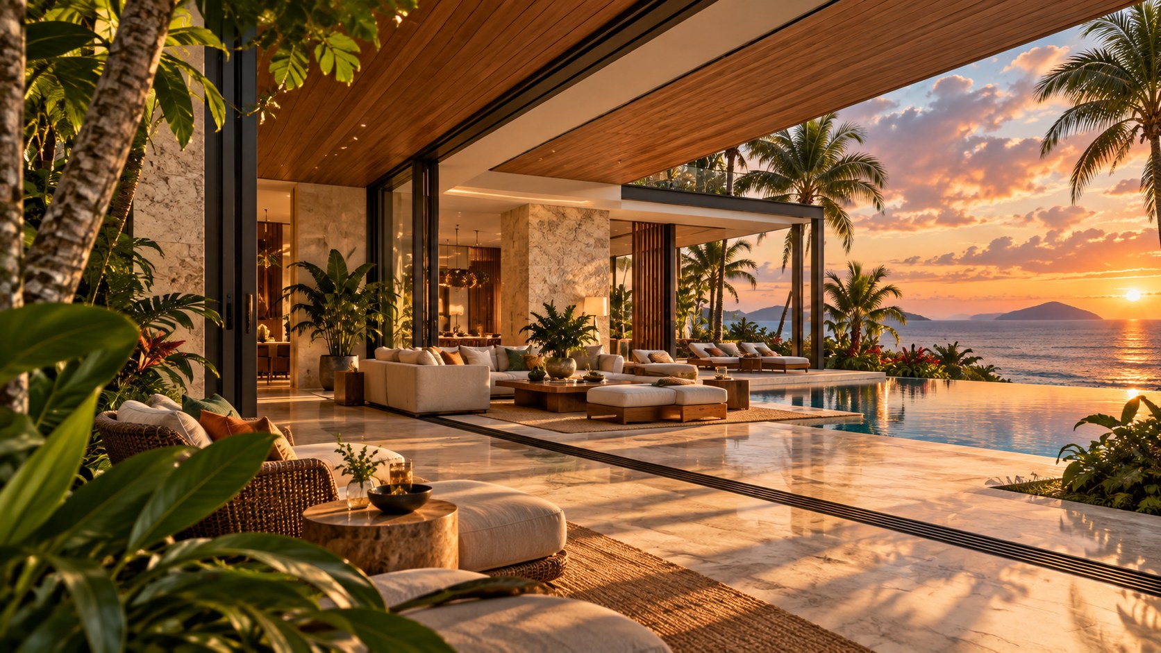 Contemporary tropical living pavilion with shaded terrace, framed ocean view, warm timber structure, stone walls, and layered planting.