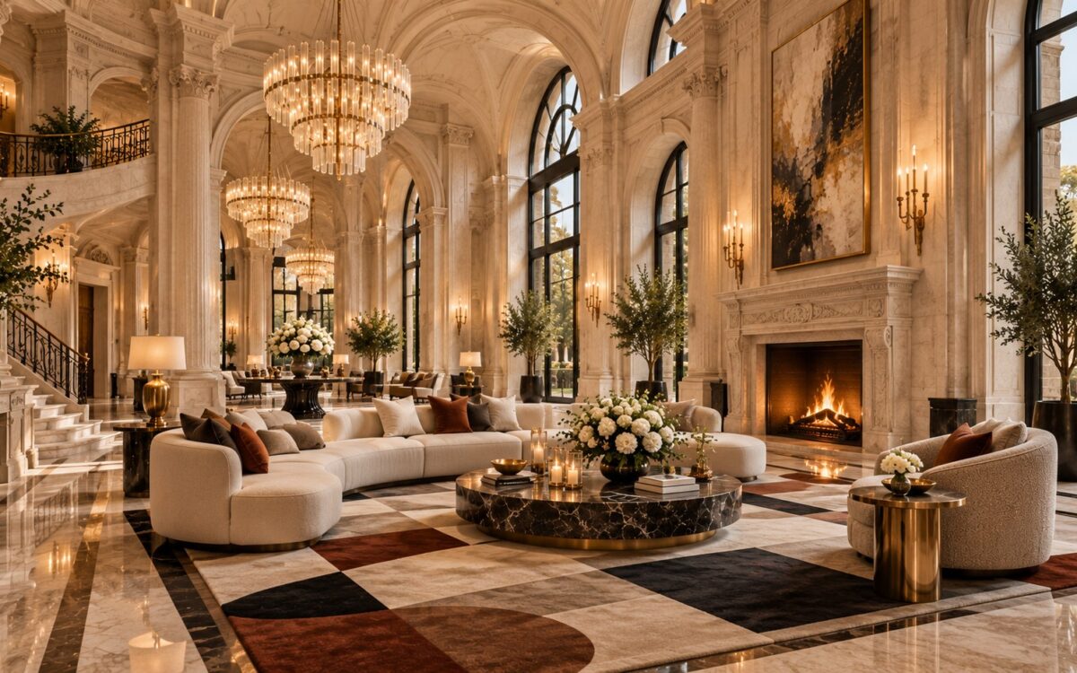 AI-generated landscape view of a grand double-height luxury salon seen from a diagonal corner, with a sculptural chandelier installation over a contemporary seating group, tall arched openings, pale limestone walls, bronze details, soft daylight, and layered evening lighting.