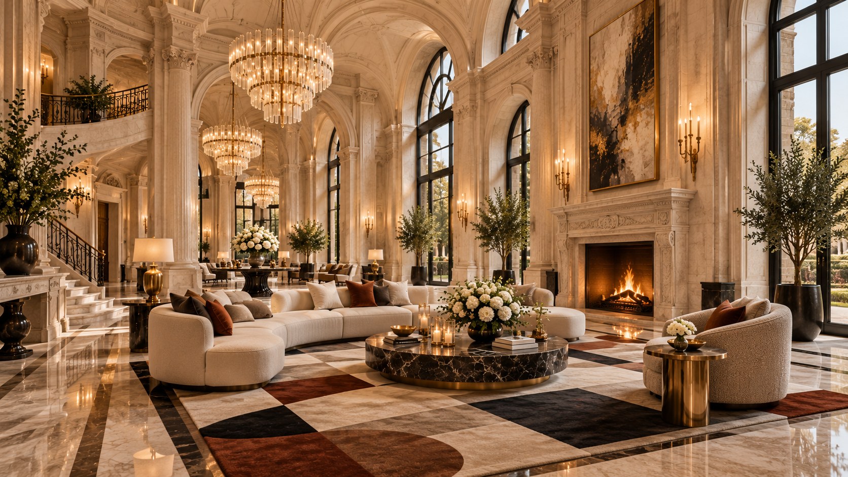 AI-generated landscape view of a grand double-height luxury salon seen from a diagonal corner, with a sculptural chandelier installation over a contemporary seating group, tall arched openings, pale limestone walls, bronze details, soft daylight, and layered evening lighting.