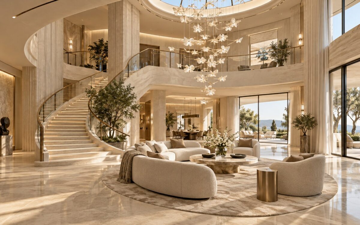 AI-generated landscape view of a refined double-height atrium from an upper side gallery, with a sunlit stone volume, a slender architectural bridge, a sculptural stair on the opposite wall, a lower conversation lounge, indoor trees, and layered daylight from broad glazing and a linear skylight.