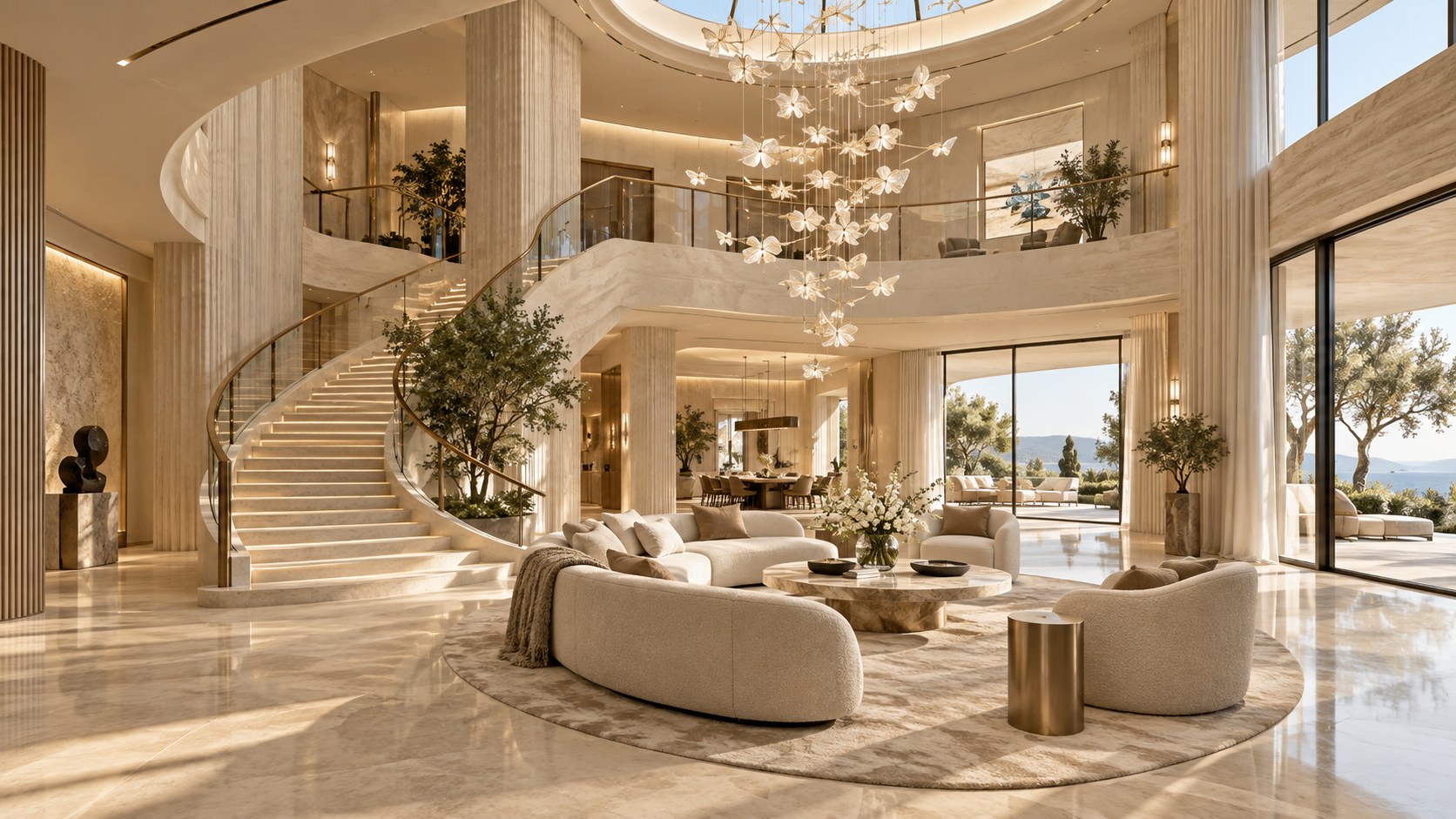 AI-generated landscape view of a refined double-height atrium from an upper side gallery, with a sunlit stone volume, a slender architectural bridge, a sculptural stair on the opposite wall, a lower conversation lounge, indoor trees, and layered daylight from broad glazing and a linear skylight.