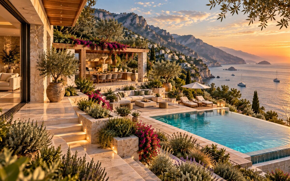 Mediterranean hillside terrace with shaded dining pavilion, separate lounge, offset infinity pool, layered planting, and open coastal horizon.