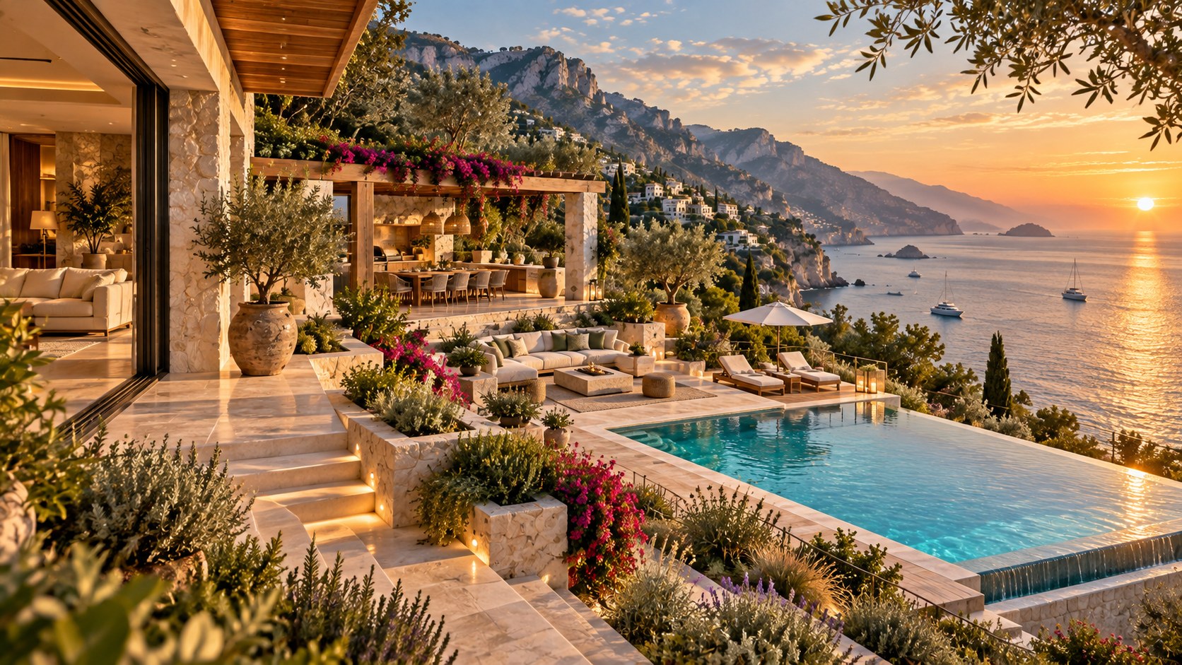 Mediterranean hillside terrace with shaded dining pavilion, separate lounge, offset infinity pool, layered planting, and open coastal horizon.