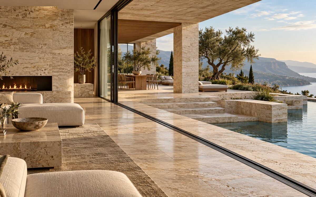 Contemporary coastal residence with limestone walls and floors transitioning to a stone terrace, pool edge, and textured exterior cladding.
