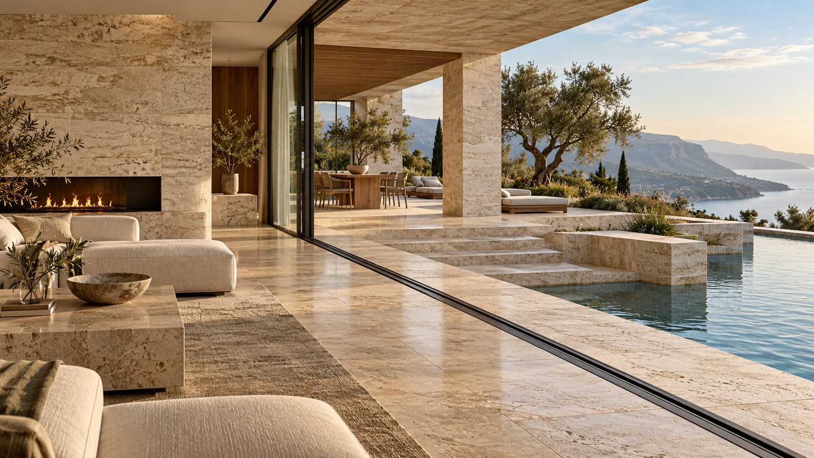 Contemporary coastal residence with limestone walls and floors transitioning to a stone terrace, pool edge, and textured exterior cladding.