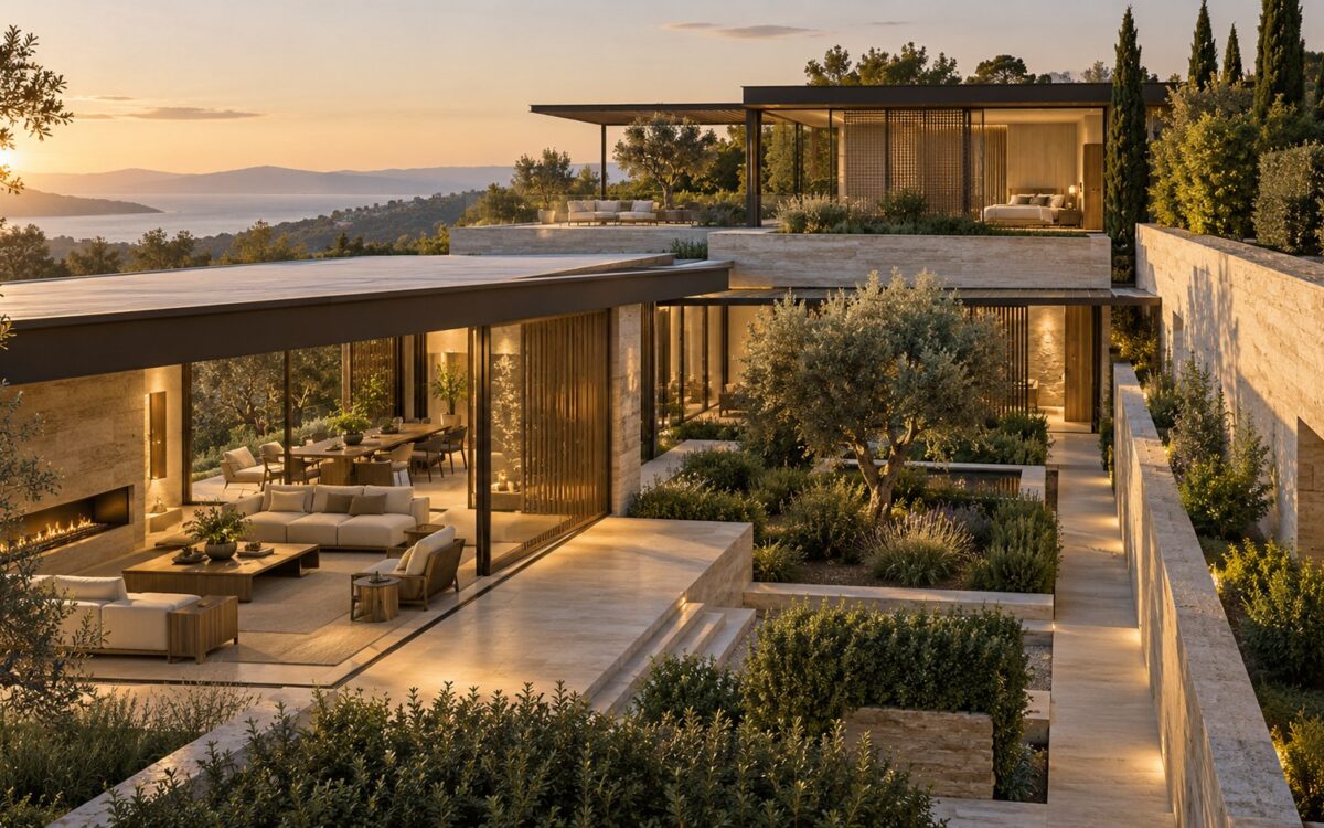 Layered luxury residence with offset courtyards, screened glazing, planted buffers, and separate public and private wings.