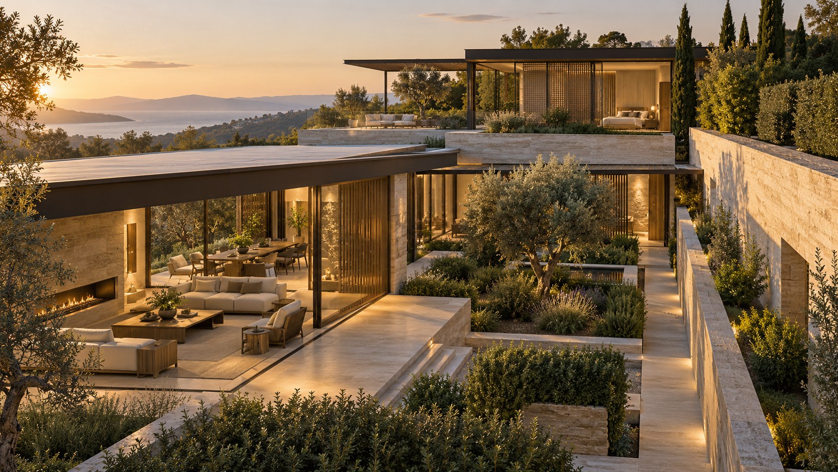 Layered luxury residence with offset courtyards, screened glazing, planted buffers, and separate public and private wings.