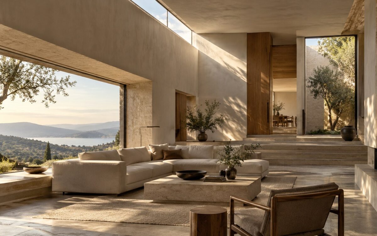 Luxury interior shaped by clerestory light, deep window reveals, reflected daylight, and layered architectural shadow