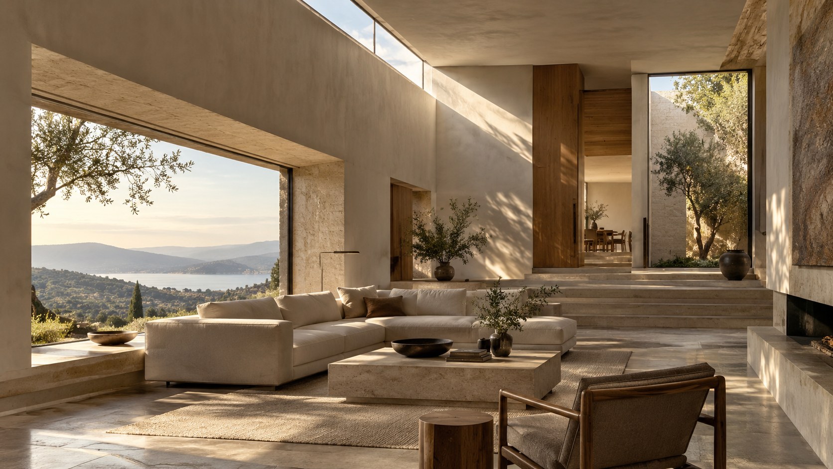 Luxury interior shaped by clerestory light, deep window reveals, reflected daylight, and layered architectural shadow