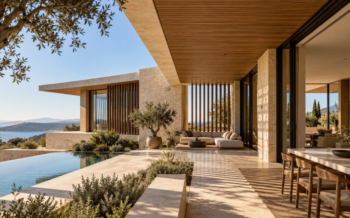 Contemporary luxury residence with deep overhangs, recessed glazing, exterior screens, and shaded terraces controlling strong afternoon sun.