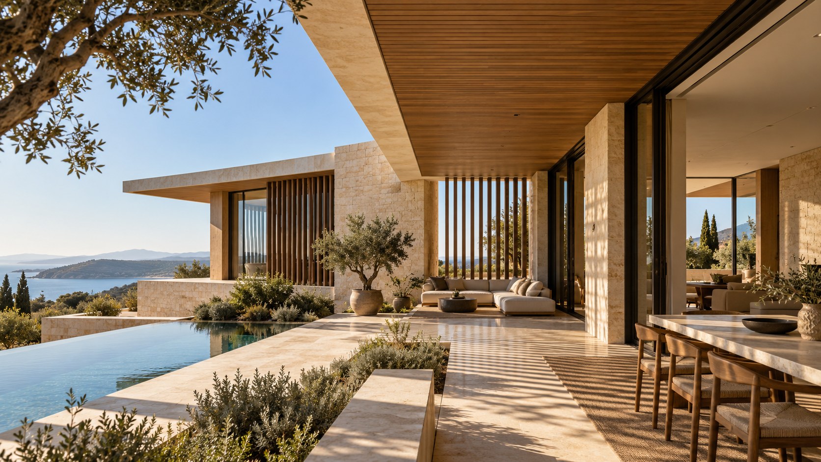 Contemporary luxury residence with deep overhangs, recessed glazing, exterior screens, and shaded terraces controlling strong afternoon sun.
